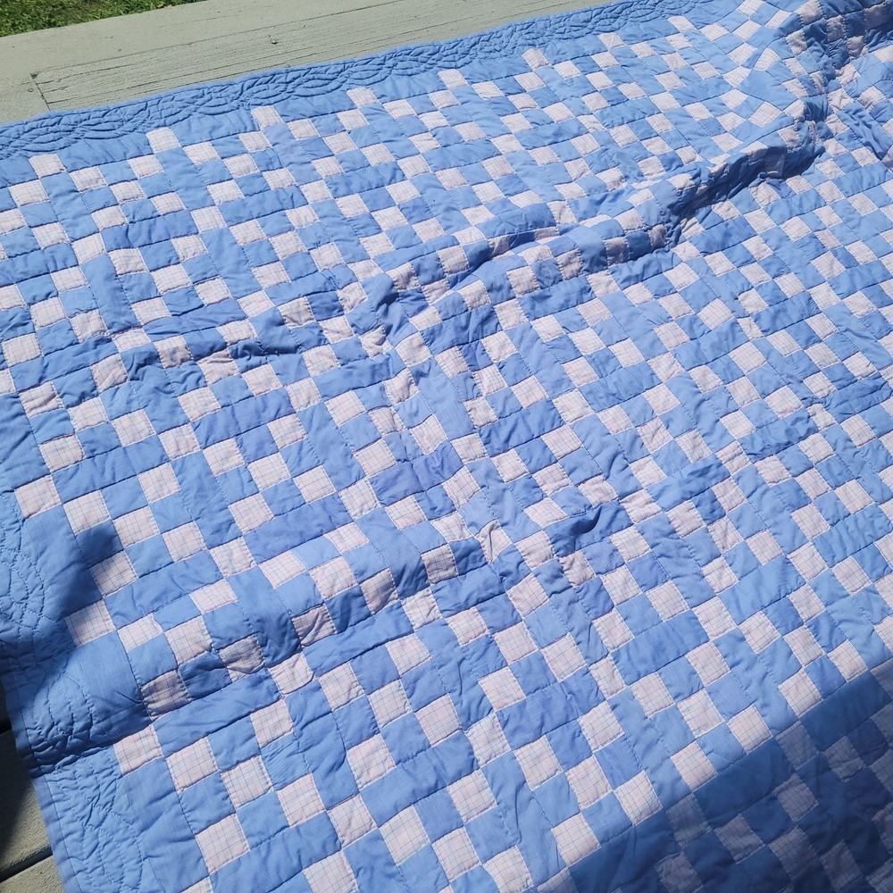 Vintage Handmade Hand Stitched Patchwork Quilt Bedspread 80x92 Blue Pink